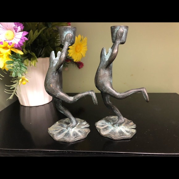 Set Of Brass Dancing Frog Candlesticks With Lovely Verdigris Patina